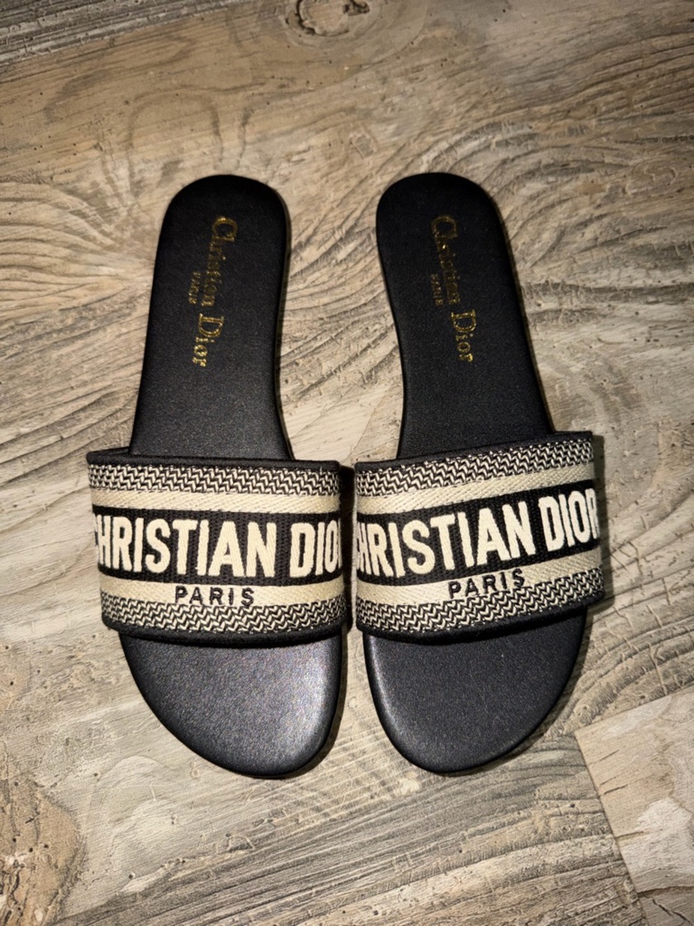 Dior Black and Cream Christian Dior Logo Slide Sandals